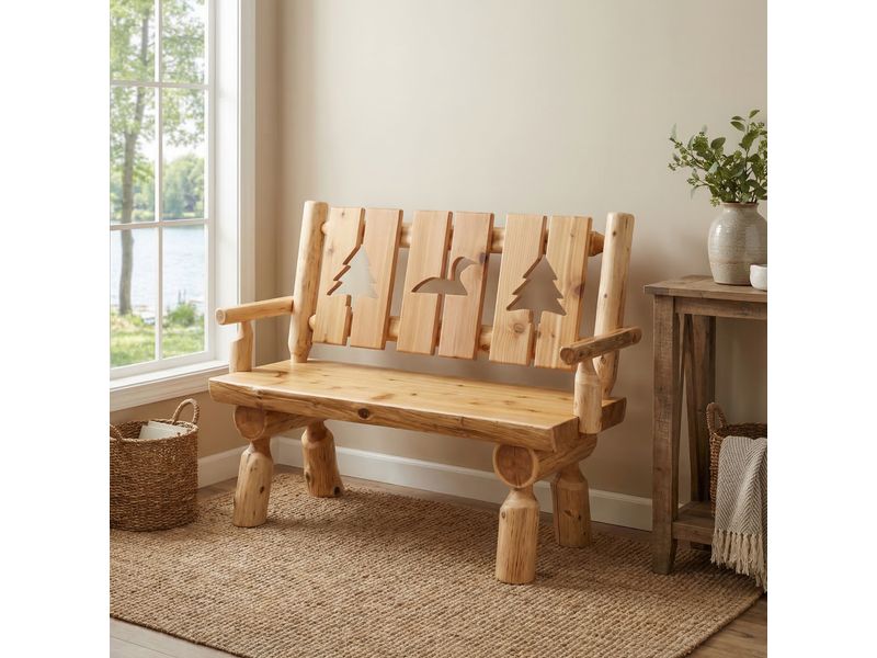 Cedar Log 4-foot Cut-out Bench with back and arms - Wood Seat - Coffee 1