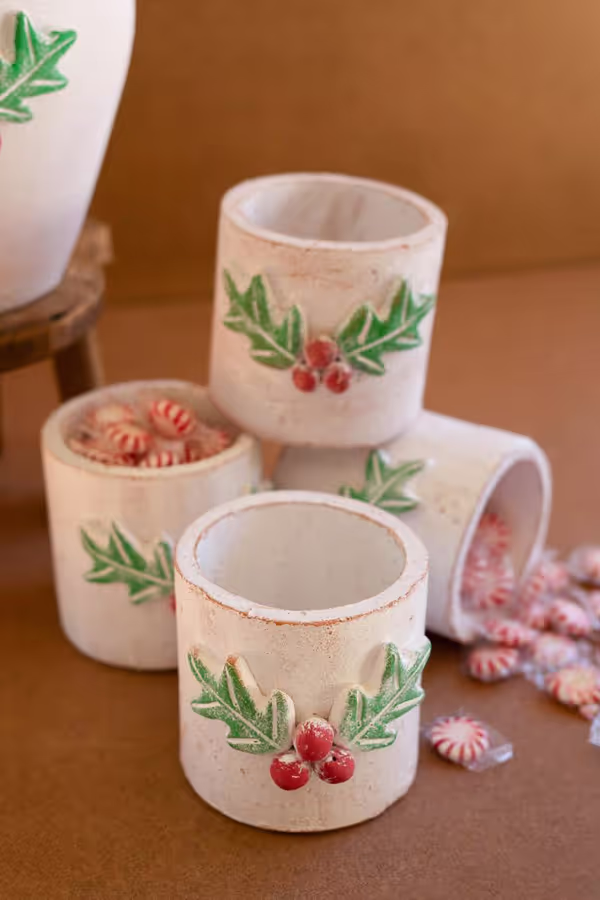 Clay Christmas Holly Container