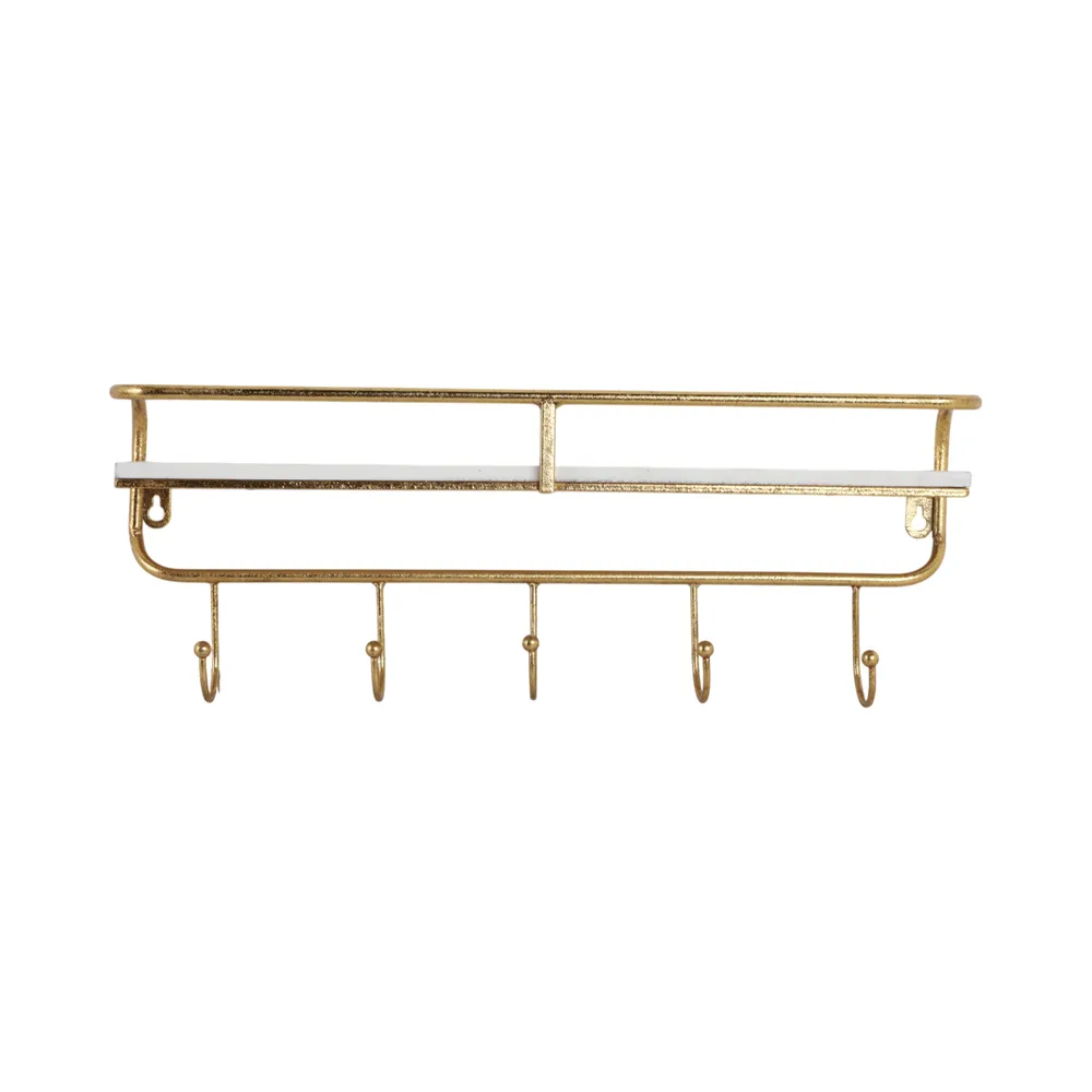 METAL/WOOD 20" 5  HOOK WALL SHELF, WHITE/GOLD