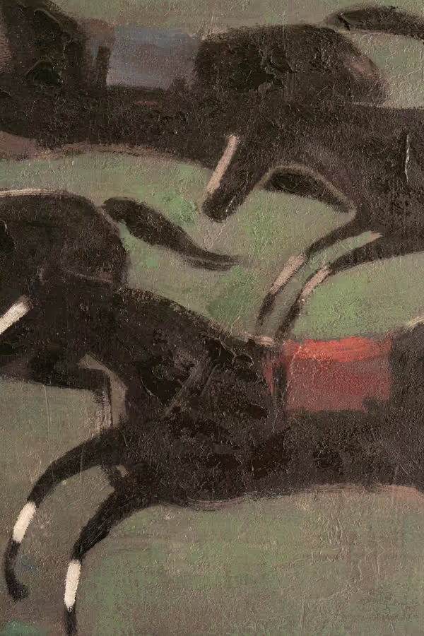 Framed Four Runaway Race Horses Painting