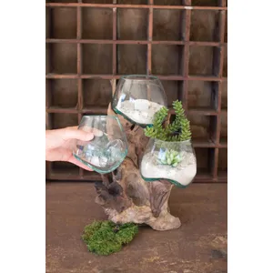 Three Blown Glass Bowls on a Driftwood Base 3
