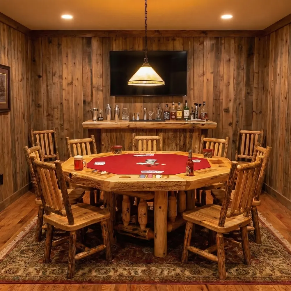 Cedar Log 8-Sided Poker Table with Log Framework Base - Coffee - Armor