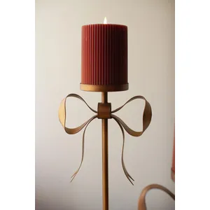 Set of 3 Antique Brass Pillar Candle Stands with Bow Detail 4