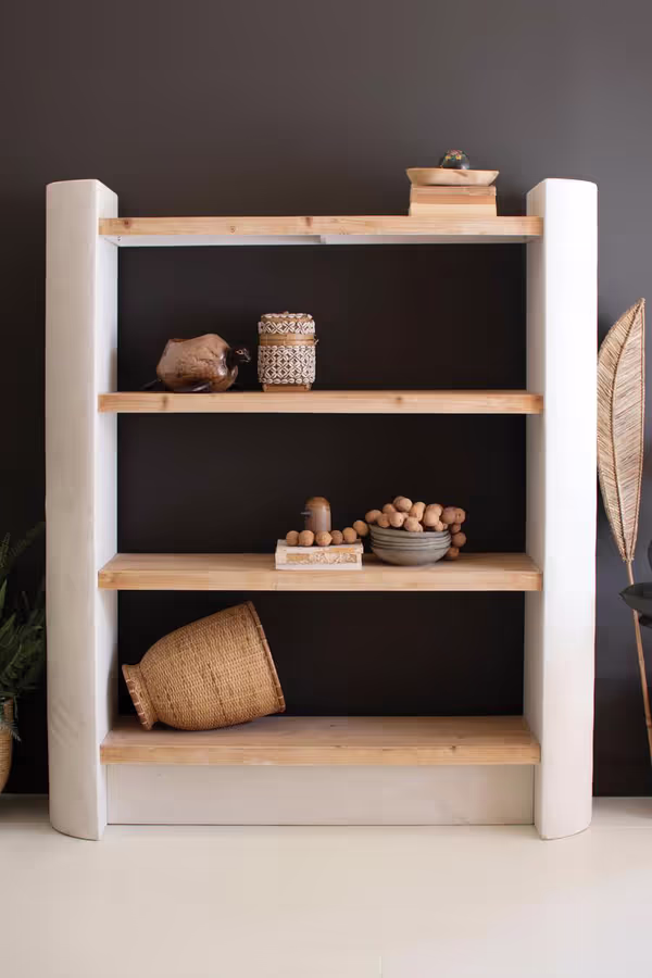 Textured Shelving Unit with Four Wooden Shelves