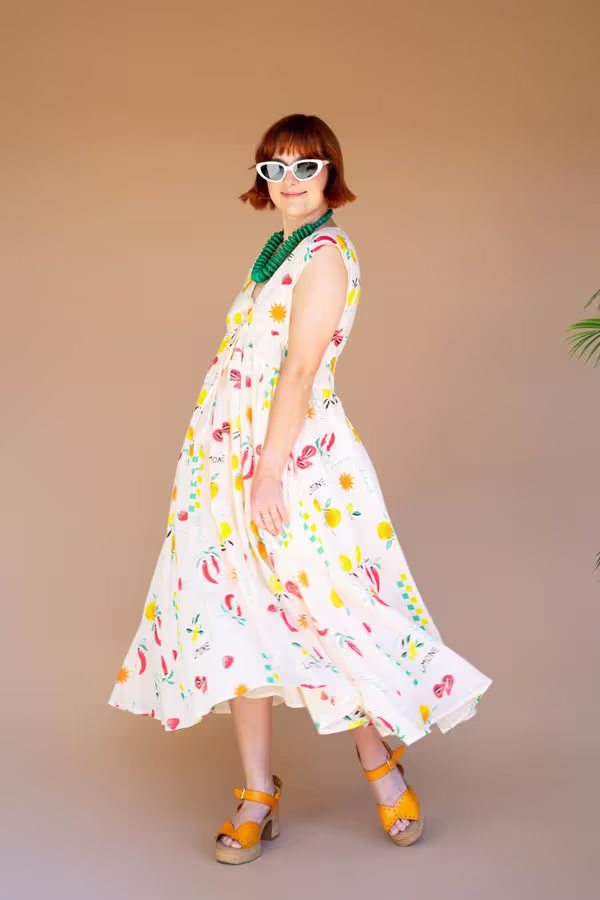 Limone Print Dress with Tie in Front