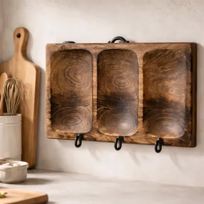 Dark Wood 3 Sectional Tray 12x8x1in