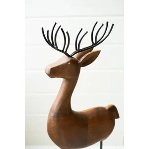 Set of 3 Carved Wood and Iron Reindeer on Bases 2