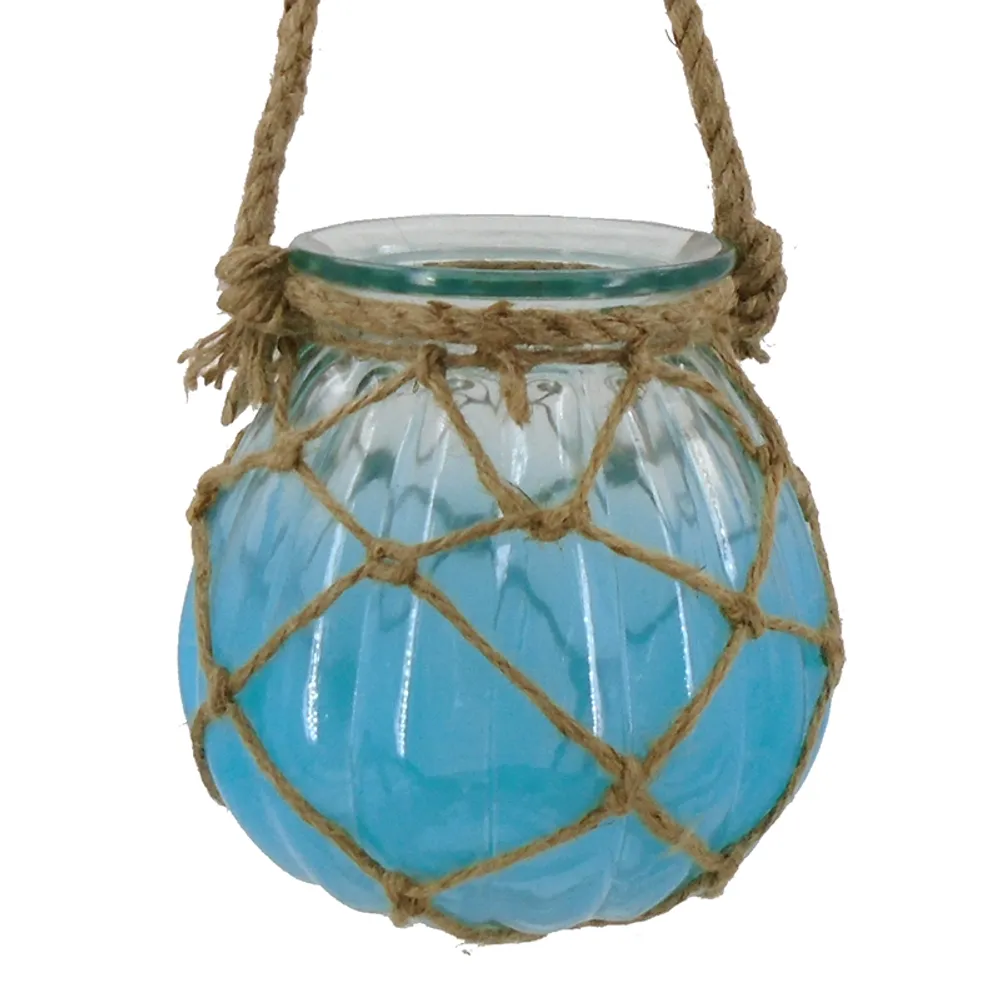 7" LIGHT BLUE GLASS JUG W/ROPE NET