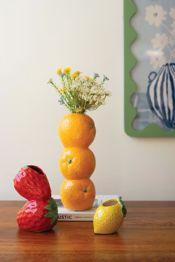 Set of 3 Strawberry, Orange and Lemon Ceramic Bud Vases