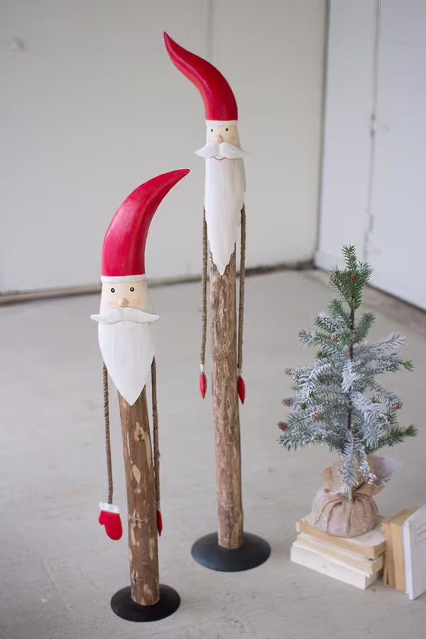 Set of 2 Tall Wood and Painted Metal Santas