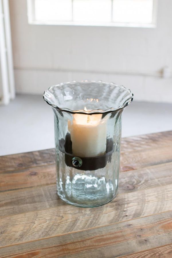 Ribbed Glass Candle Cylinder with Rustic Insert / Small