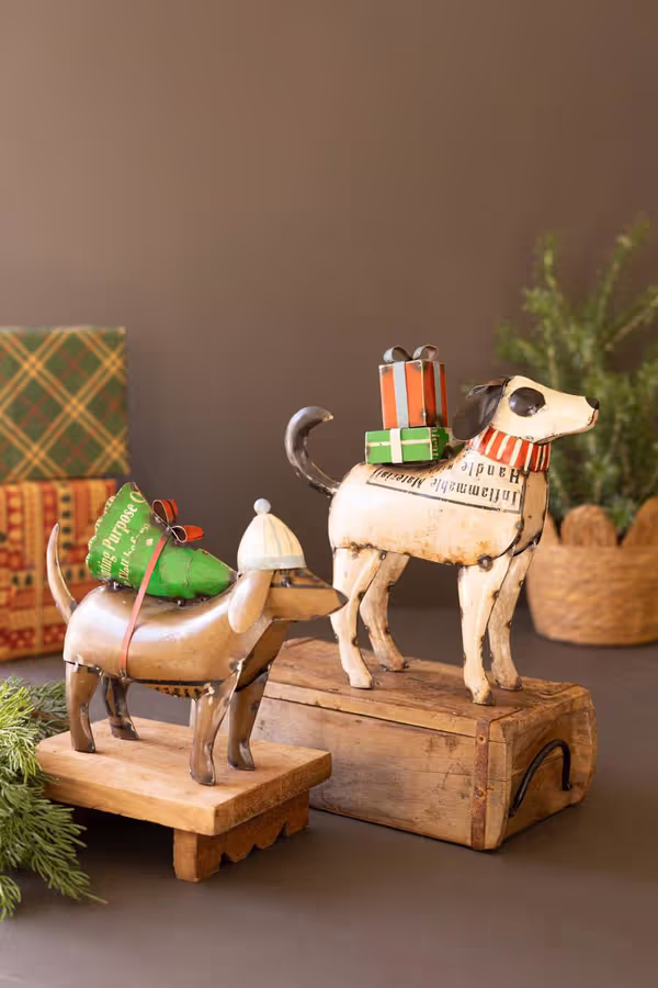 Set of 2 Recycled Metal Christmas Dogs
