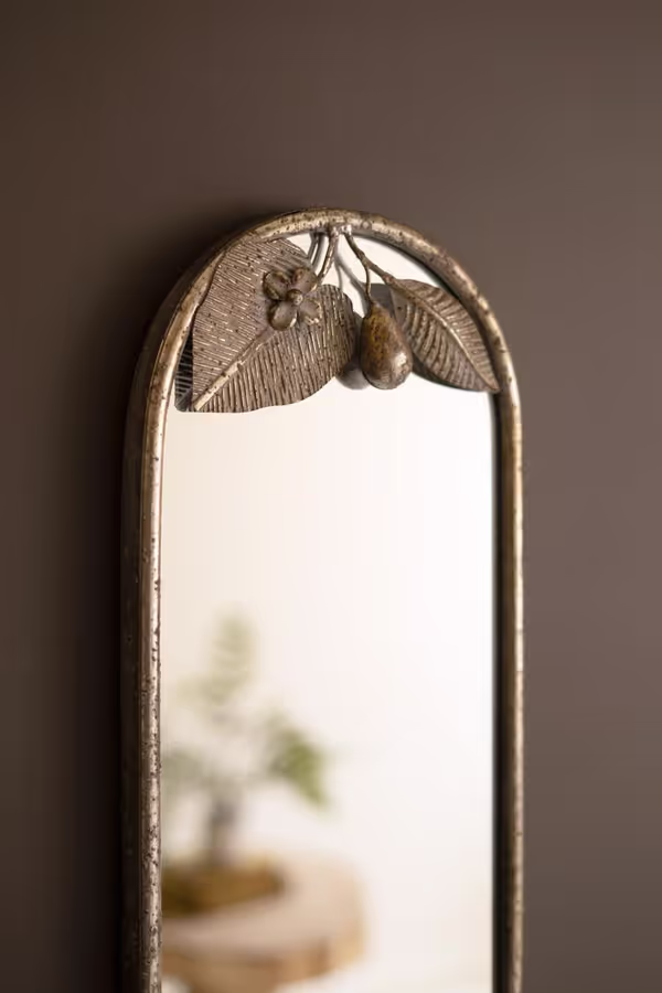 Tall Rustic Metal Framed Mirror with Leaf and Fruit Detail