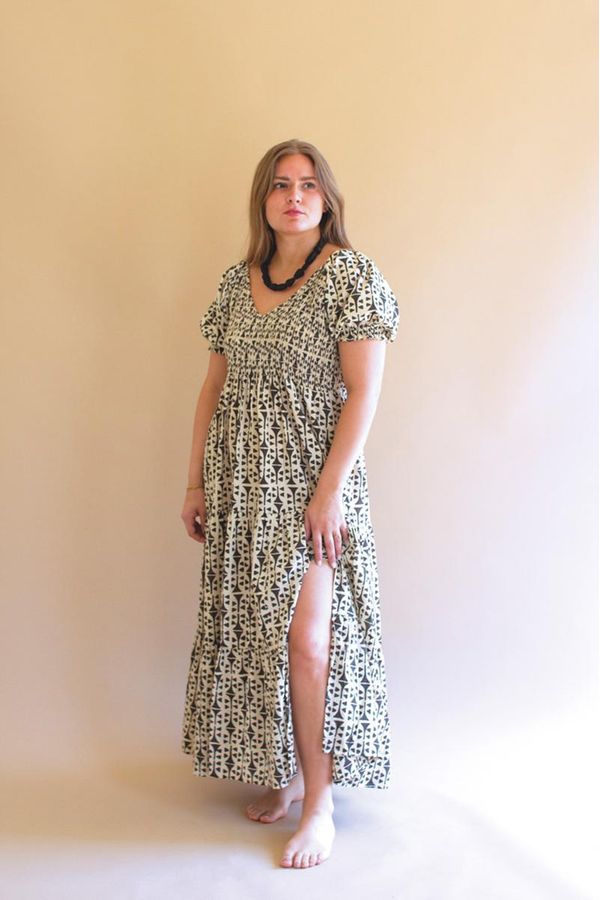 Short-Sleeve Printed Dress with Smocked Bodice
