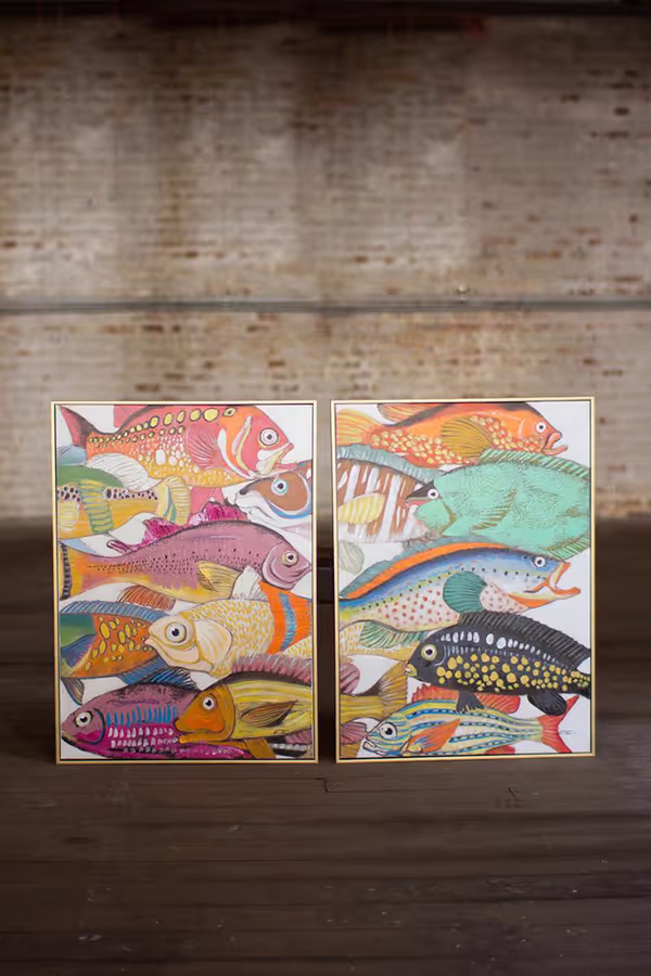 Set of 2 Framed Colorful Fish Paintings