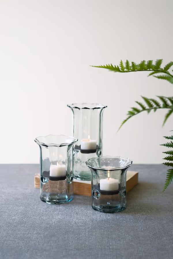 Set of 3 Recycled Glass Ribbed Votive Cylinders