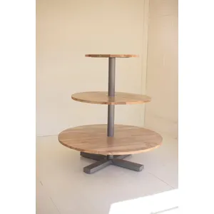 Round Three-Tiered Mango Wood and Iron Display Tower 3