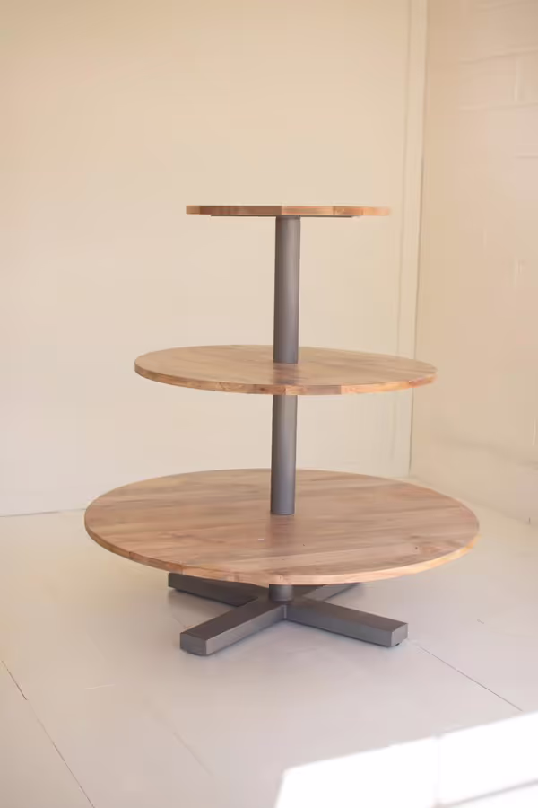Round Three-Tiered Mango Wood and Iron Display Tower