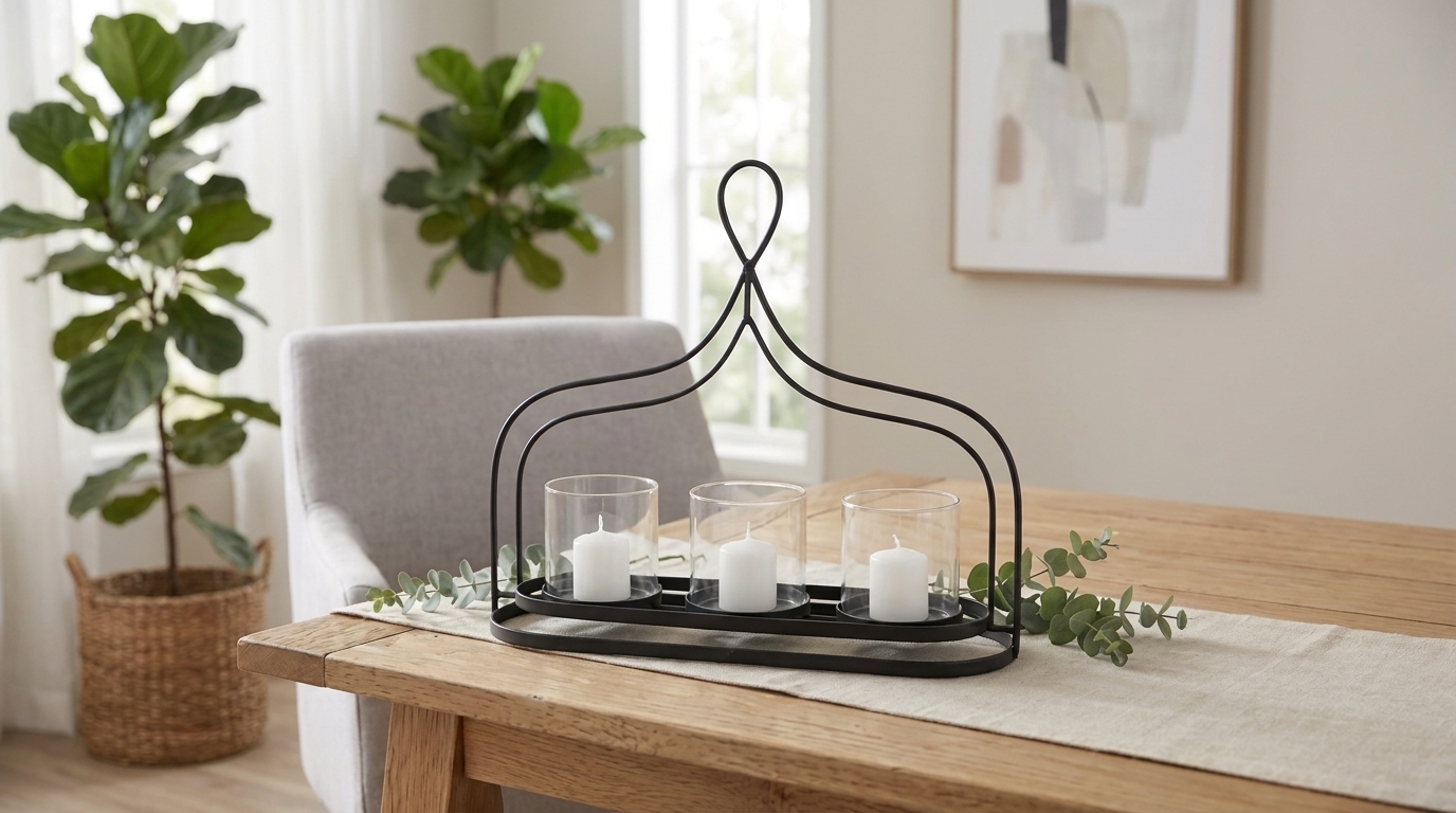 Black metal candle caddy holding three votives on dining table
