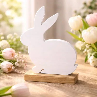 White Enamel Wooden Bunny on a Base 9x7in