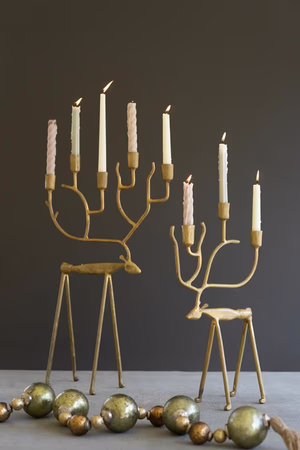 Set of 2 Antique Gold Forged Iron Christmas Deer Candelabras