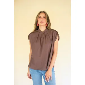 High-Neck Shortsleeve Blouse with Flat Pom-Pom Lace Detail / Mulberry 5