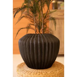 Short Black Stone Composite Urn with Fluted Detail 5