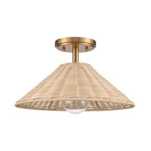 Rydell 14'' Wide 1-Light Semi Flush Mount - Brushed Gold and Rattan 2