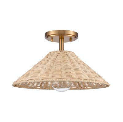 Rydell 14″ Wide 1-Light Semi Flush Mount - Brushed Gold and Rattan