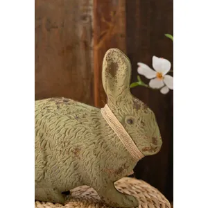 Set of 2 Painted Antique Green and White Metal Rabbits 3