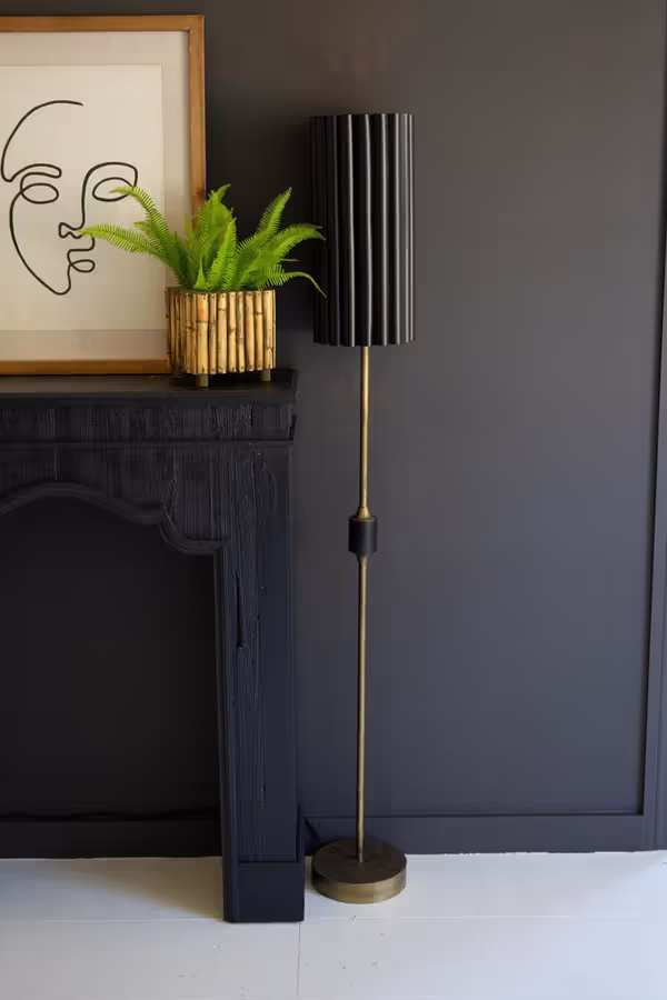 Antique Gold Floor Lamp with Fluted Black Metal Shade