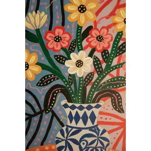 Funky Pink Flowers with Blue Vase Painting 4
