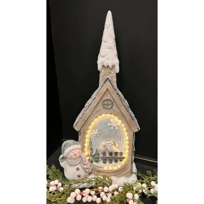Lighted Resin Church with Snow Birds 11x6x21in