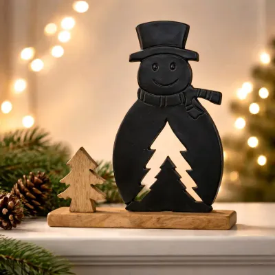 Aluminum Black Snowman with Mango Wood Tree 9x10.25in