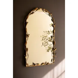 Tall Arched Antique Brass Framed Mirror with Leaves 1