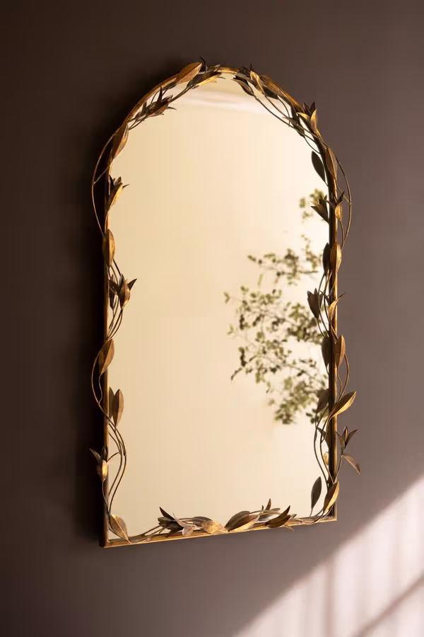 Tall Arched Antique Brass Framed Mirror with Leaves