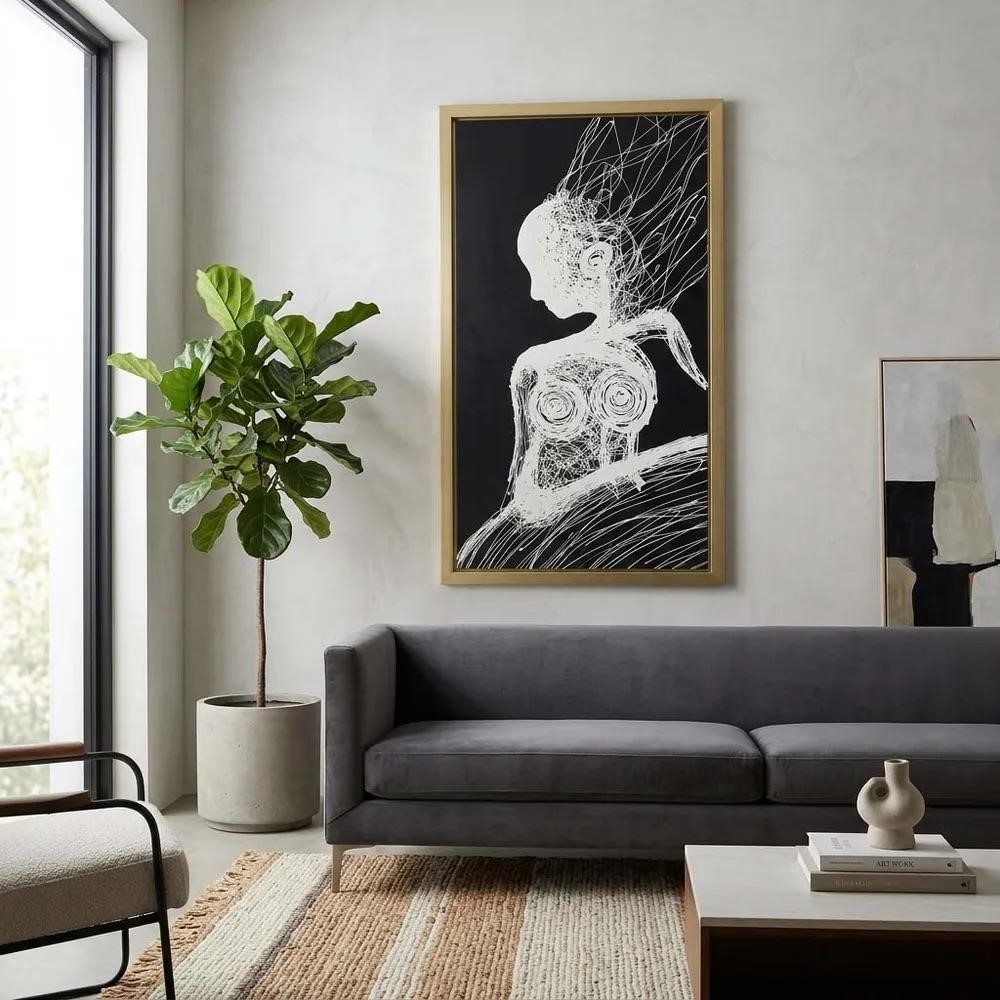Oversized 71-inch square charcoal elephant canvas filling a large living room wall above a gray sofa