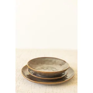 Set of 3 Antique Brown Ceramic Dinner Plate, Salad Plate and Bowl 1