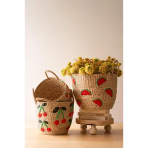 Set of 3 Seagrass Baskets with Embroidered Fruit 7