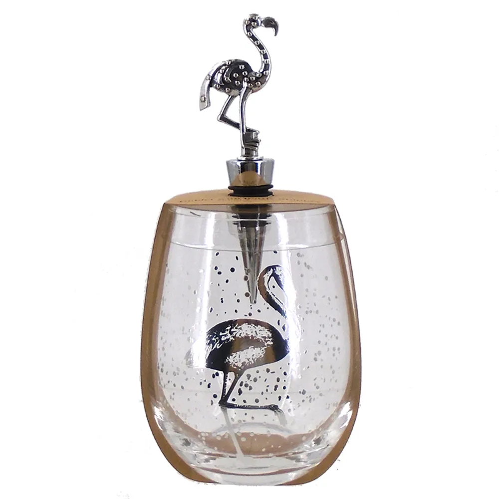 2PC FLAMINGO WINE GLASS W/STOPPER