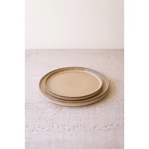 Set of 3 Khaki Ceramic Dinner Plate, Salad Plate and Bowl with Ridges 3