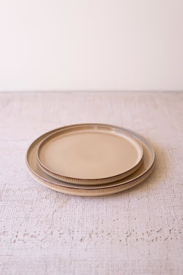 Set of 3 Khaki Ceramic Dinner Plate, Salad Plate and Bowl with Ridges