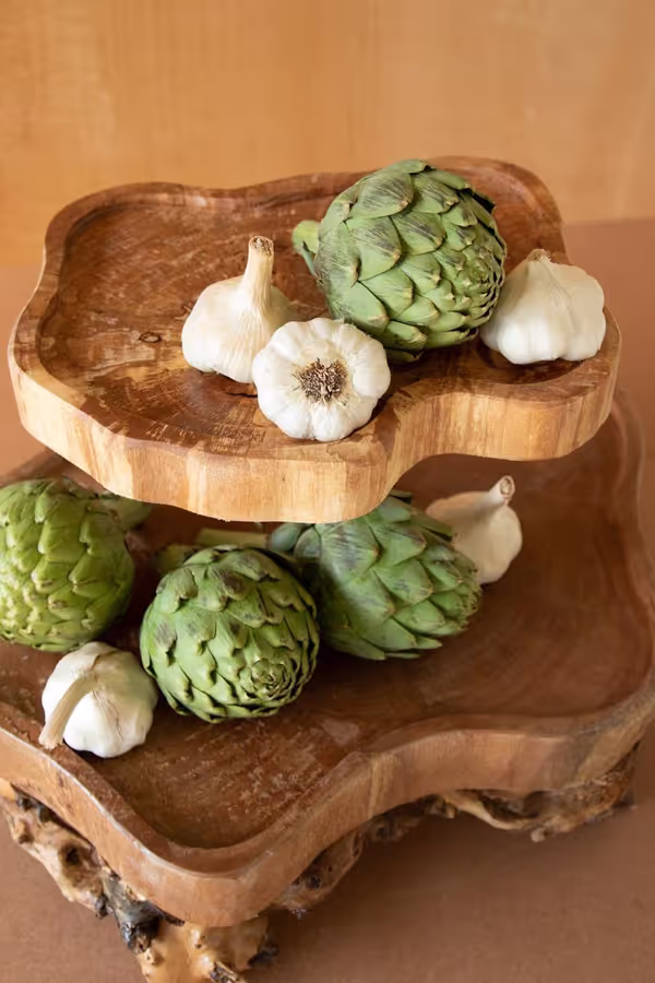 Two-Tiered Mulberry Root and Willow Wood Serving Tower