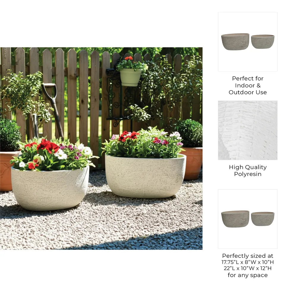 S/2 18/22" OBLONG CEMENT TEXTURE RESIN PLANTERS