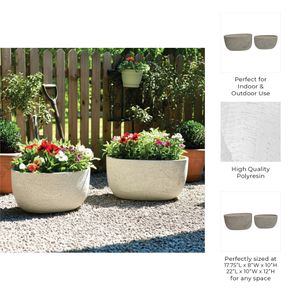 S/2 18/22" OBLONG CEMENT TEXTURE RESIN PLANTERS 10