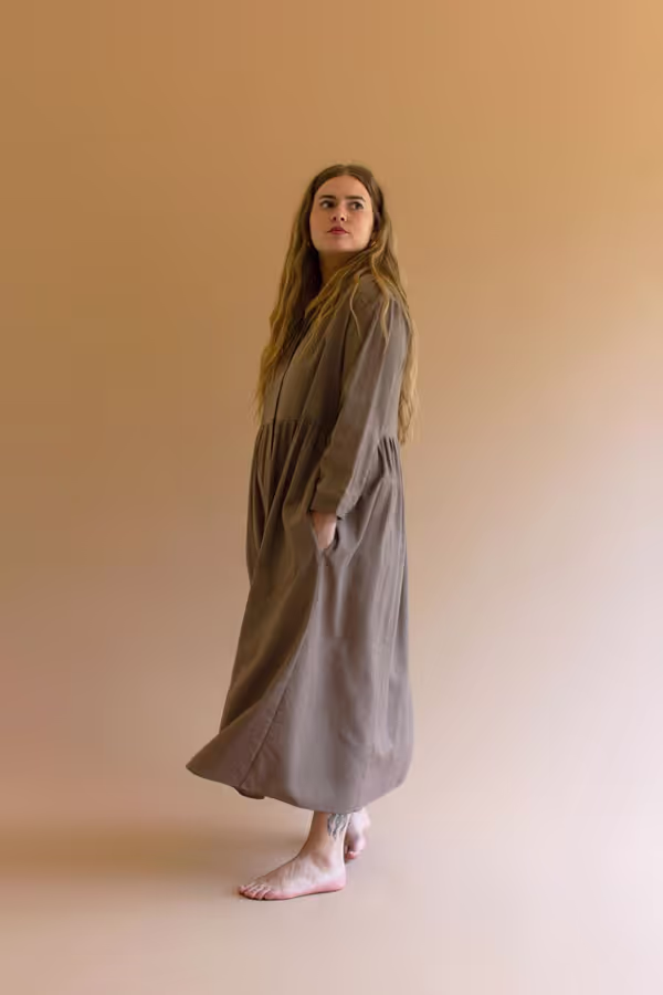 Long-Sleeve Buttondown Dress with Pockets - Mocha