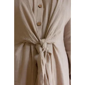 Long-Sleeve Button-Front Dress with Front-Tie Detail / Oatmeal 3