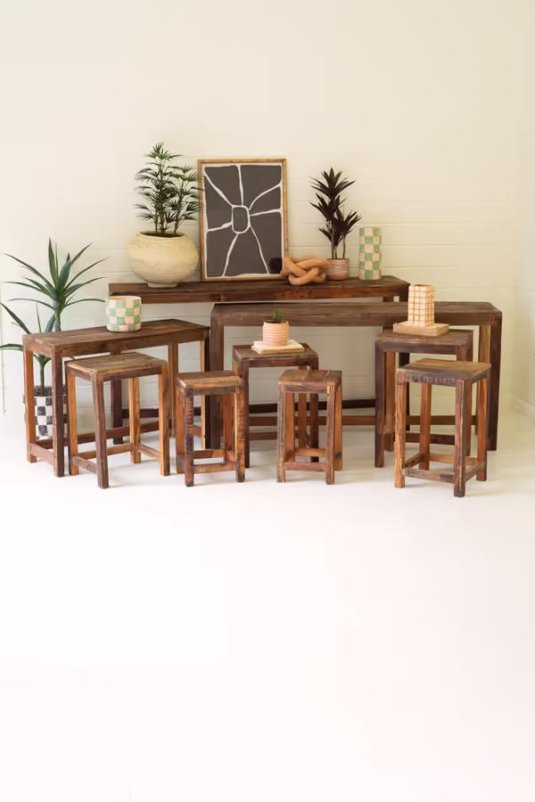 Set of 9 Recycled Wood Display Tables