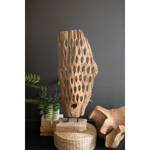 Perforated Hand-Carved Teak Wood Sculpture on a Base 3