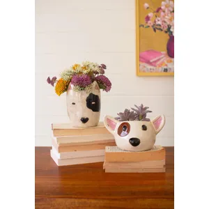 Set of 2 Ceramic Black and White Dog Head Planters 1